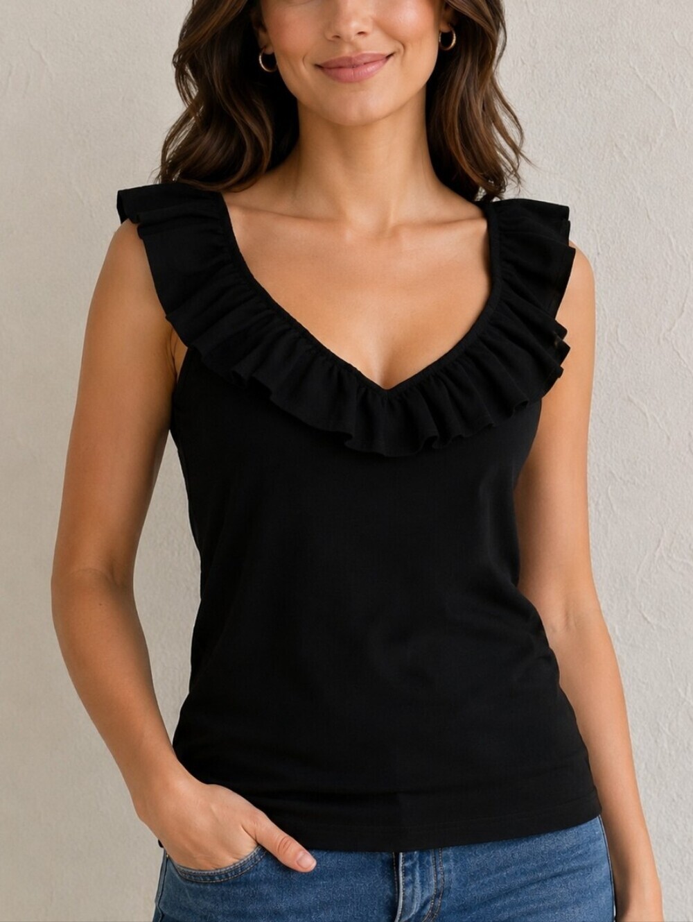 SOFIA VERGARA Black Bertha Ruffle Sleeveless Sweater